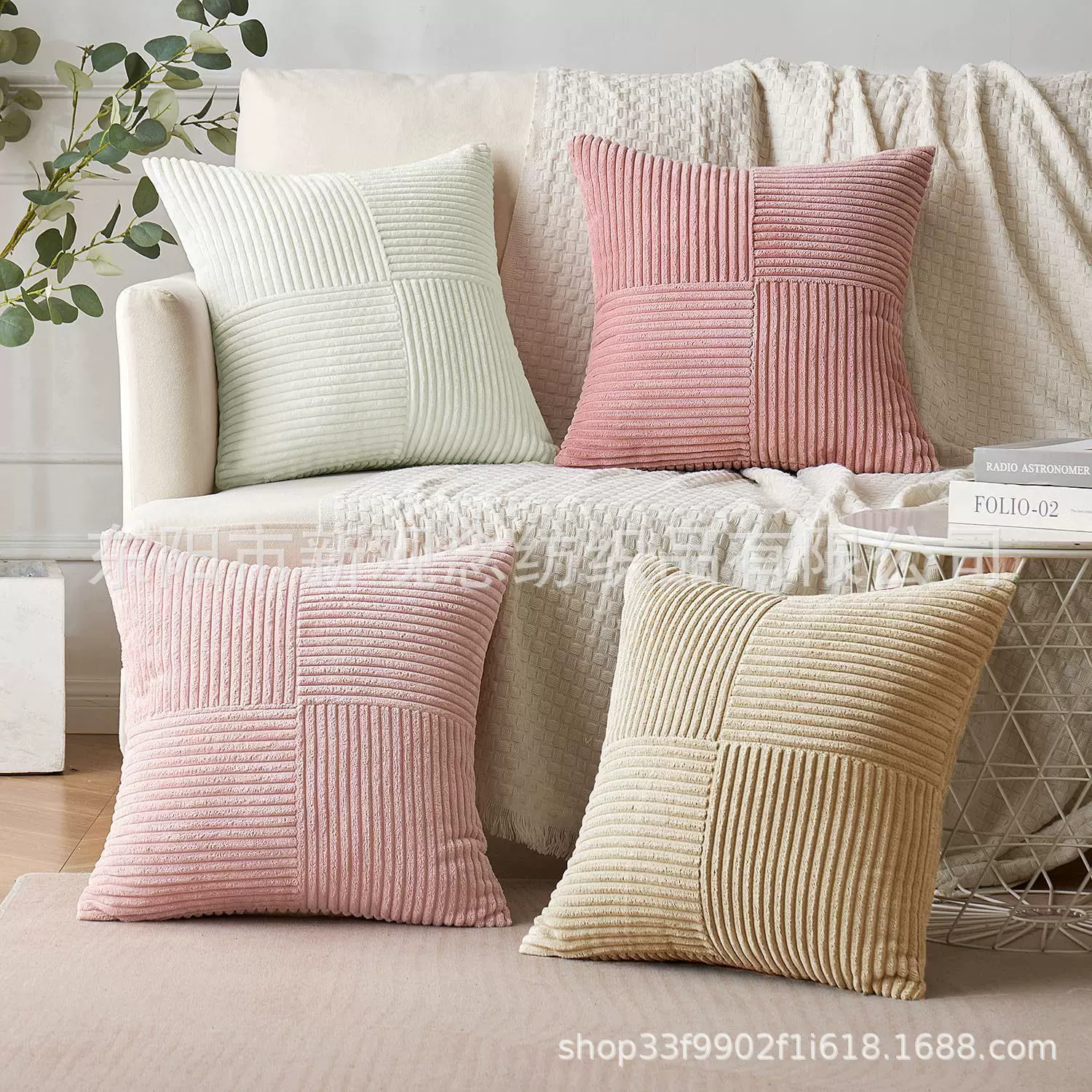亚马逊热销装饰抱枕套 灯芯绒条纹拼接靠垫跨境推荐腰枕简约靠背