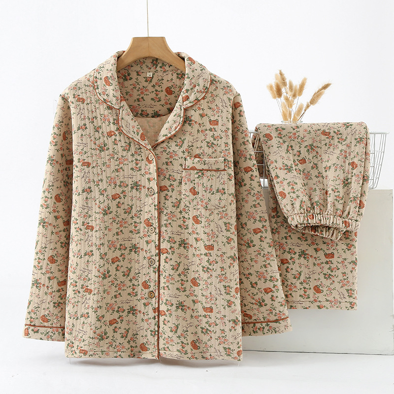 Pijamas acolchados Otoño e Invierno de las mujeres la solapa manga larga retro pijamas sueltos desgaste del hogar se puede usar fuera estilo japonés