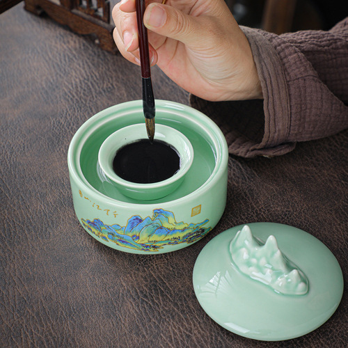 Wholesale ceramic non-drying ink pool multi-functional hot pot ink inkstone with lid ink bowl millstone four treasures of study calligraphy supplies