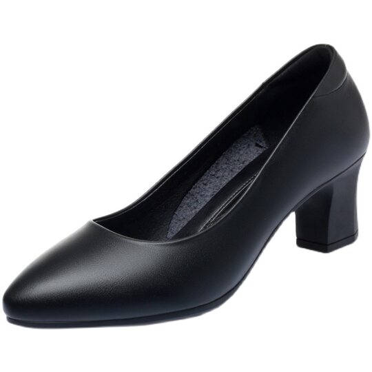 Soft Leather Work Shoes Women's Black Work Professional Soft Sole Leather Shoes High Heel Chunky Heel Single Shoes Stewardess Long Station Women's Shoes Spring and Summer