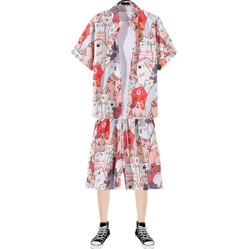 Hawaiano señaló collar floral camisa de los hombres de manga corta Camisa de playa suelta traje pareja estilo Hong Kong retro moda Ruan guapos pantalones cortos