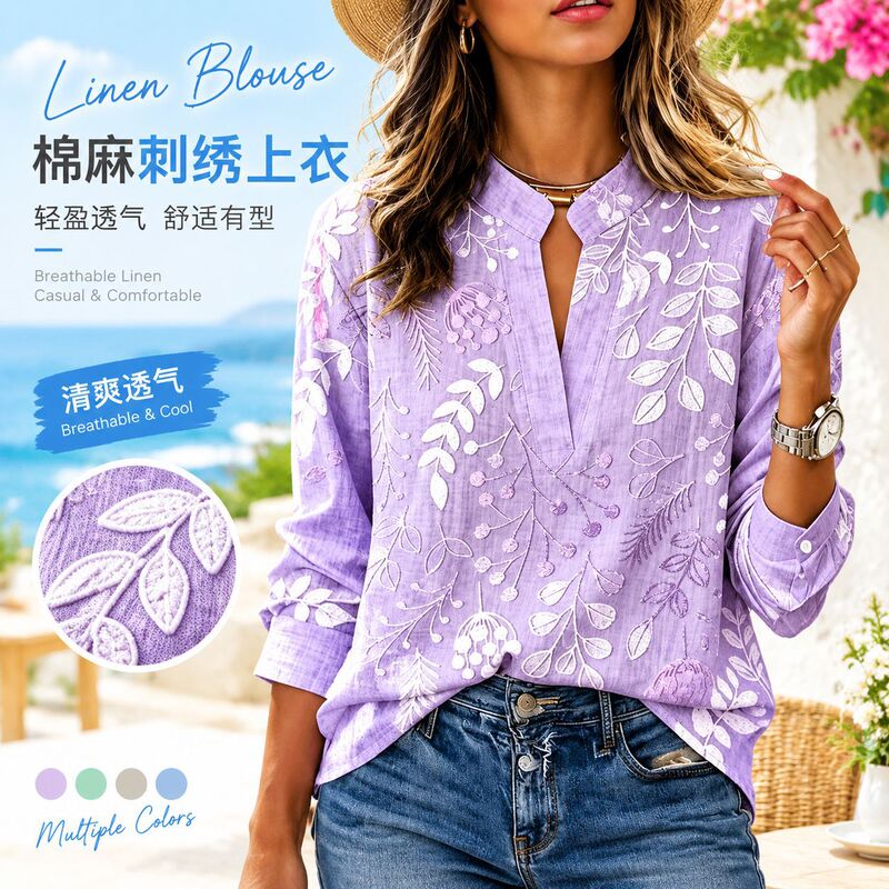Cotton and Linen Embroidered Tops for Women, V-Neck Long-Sleeved Loose Linen Shirts, Spring and Summer Casual Plus-Size Women's Ethnic Style Shirts