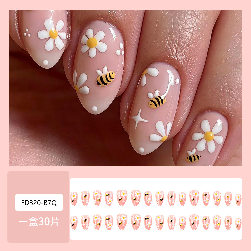 24 piezas de polvo desnudo abeja Daisy Uña de verano mediano largo almendra Uña falsa dibujada a mano adorable parche de manicura