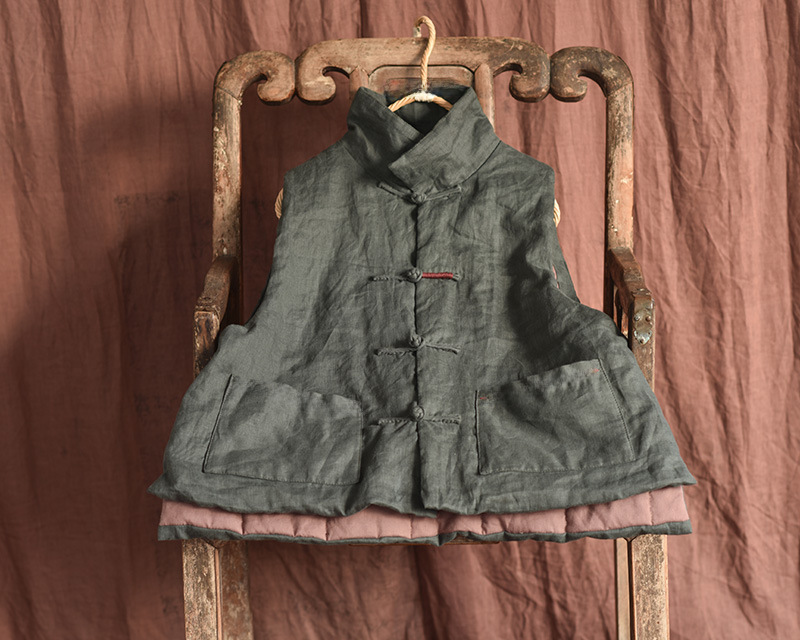 Simo/vêtements pour femmes en coton et lin faits maison gilet en coton à boucle en lin lavé au sable de haute qualité gilet en coton à enroulement rétro_voghion.com