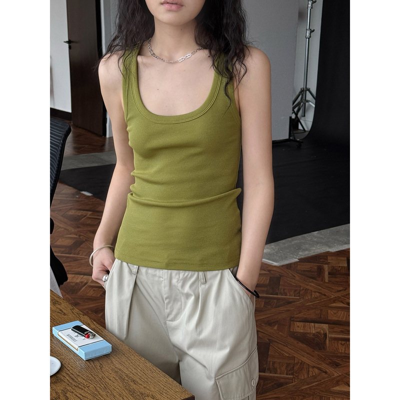 Lou Fu Summer New Korean Style INS Simple Large U Collar Rib Vest Comfortable Skin-friendly Slim-fit Slim-fit Women's Top