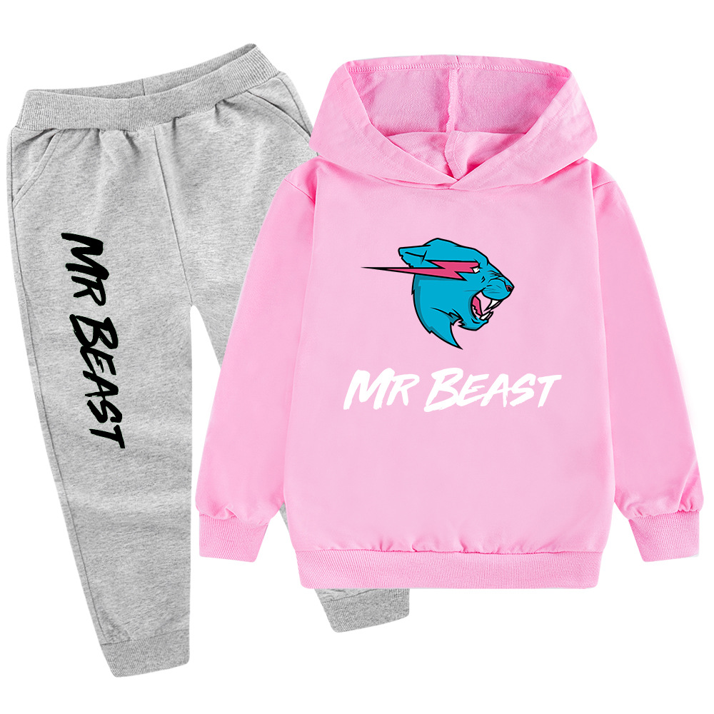 Testa di lupo MR BEAST Cartoon stampato set per ragazzi e bambini felpa con cappuccio maglione + pantaloni PB437_voghion.com