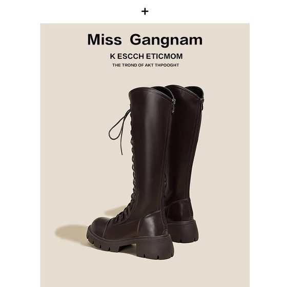 Chubby Girl big tube circumference Brown Knight boots Women v mouth long boots thick leg high boots thick bottom long boots lace-up women's boots