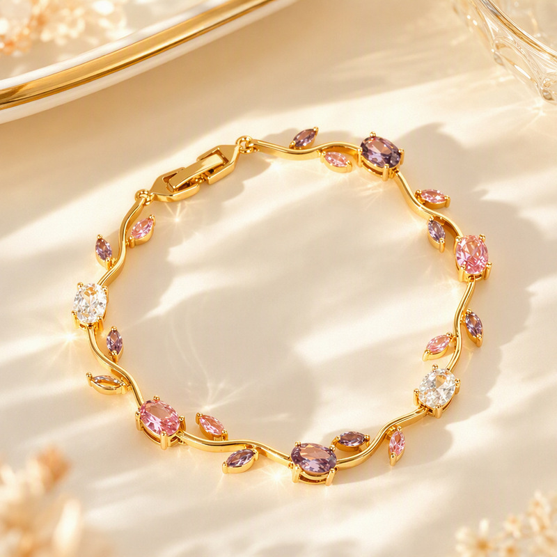 Cross-border hot-selling fashion mixed-color crystal leaf and petal bracelet, light luxury leaf and tulip layered hand jewelry wholesale Cross-border hot-selling fashion mixed-color crystal leaf and petal bracelet, light luxury leaf and tulip layered hand jewelry wholesale