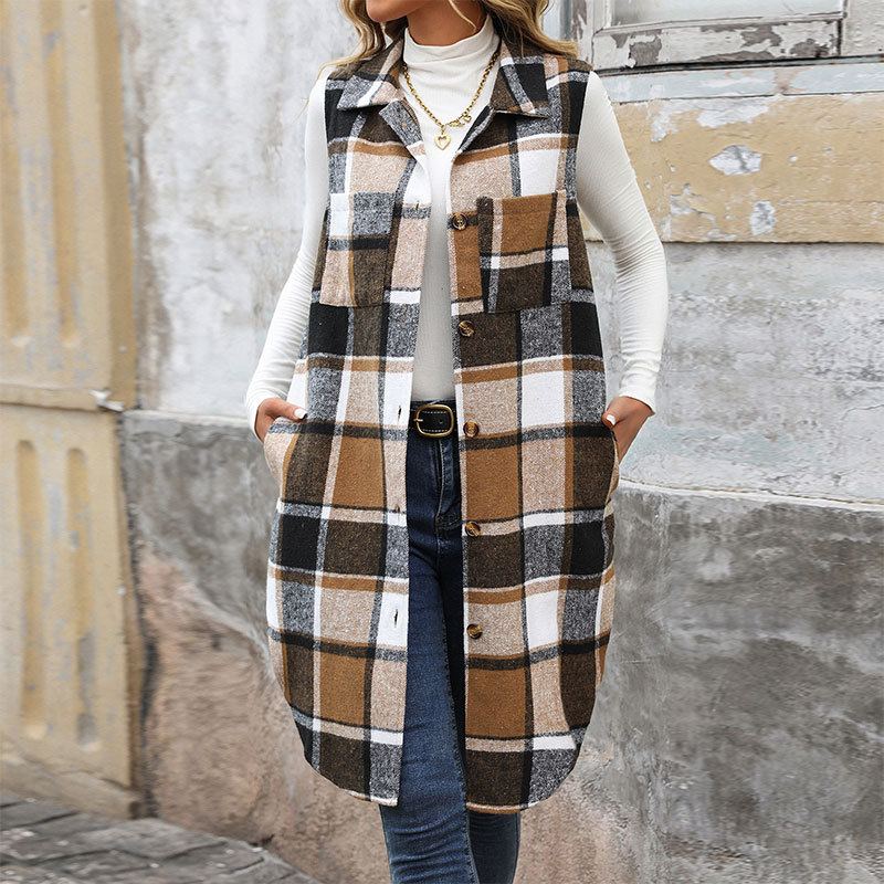 Women's Retro British Style Commute Leisure Lapel Long Plaid Coat
