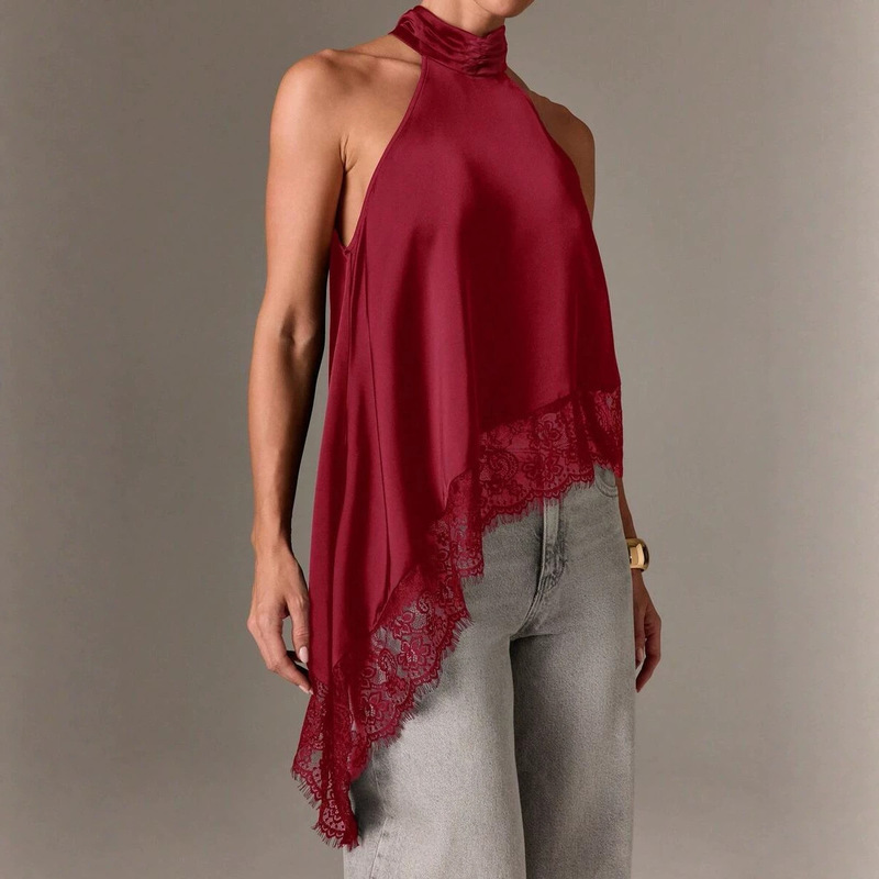 Amazon 2025 New Cross-Border Model 14-Color Women's Sleeveless Lace-Trimmed Asymmetrical Halter Satin Tank Top Amazon 2025 New Cross-Border Model 14-Color Women's Sleeveless Lace-Trimmed Asymmetrical Halter Satin Tank Top