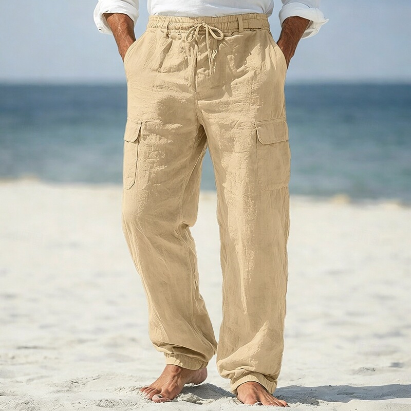 Amazon's New Men's Cotton and Linen All-Season Thin Breathable Workwear Multi-Pocket Loose Casual Trendy Wide-Leg Pants