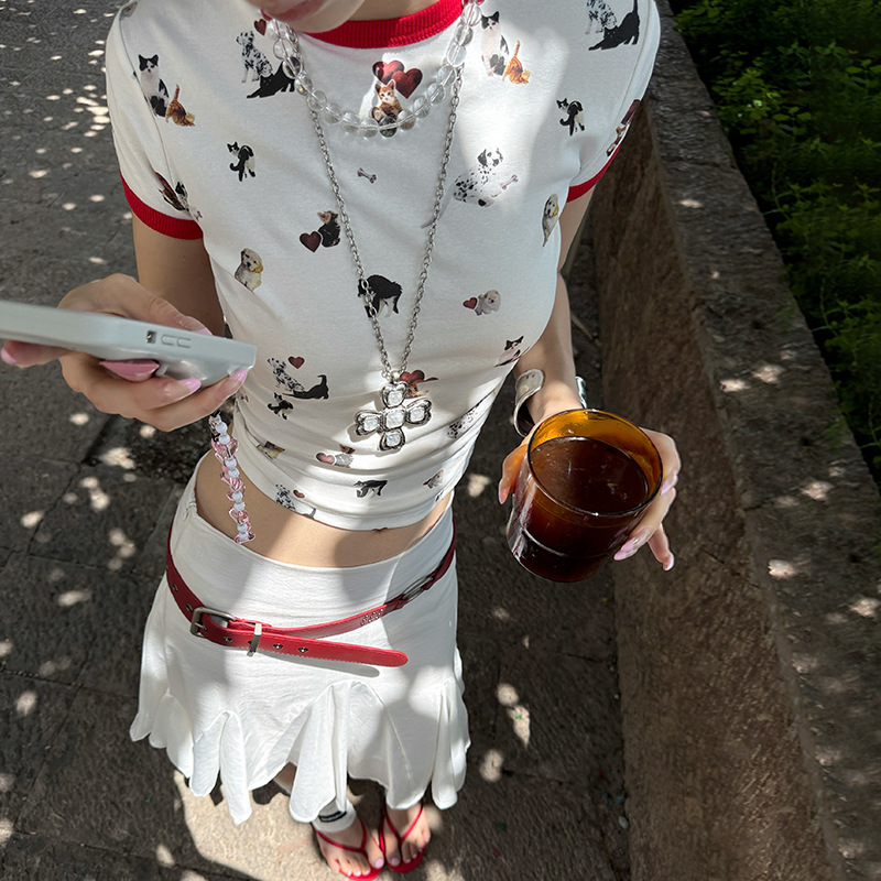 MMFISH moda estilo occidental retro chica caliente estampado nicho diseño sentido contraste color gato perro camiseta de manga corta 25T259