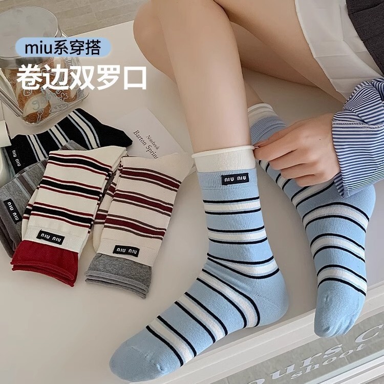 春秋新款袜子休闲堆堆袜双罗口薄款字母中筒条纹袜子条纹百搭长袜|undefined