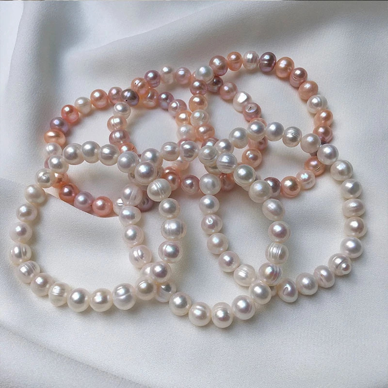 Promotional Potato Thread Pearl Bracelet 10-11mm Freshwater Pearl Near Round Rubber Band Bracelet Wholesale