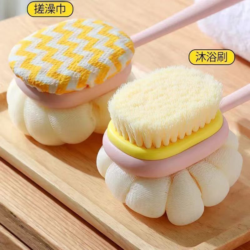 Two-In-One Back Scrubber Bath Brush Bath Towel Bath Ball Bath Flower Back Scrubber Soft Bristle Brush Long Handle for Men and Women