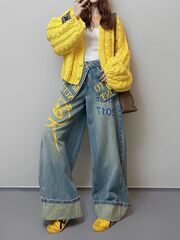 美式大码高街双腰搭片印花牛仔裤子女辣妹假两件叠穿显瘦阔腿长裤