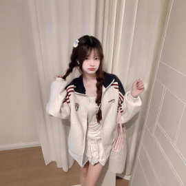 美式复古撞色条纹徽章字母立领卫衣外套女春秋学院风开衫夹克上衣