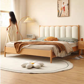 北欧榉木实木床1.8米双人婚床主卧软靠原木风1.5米日式轻奢成人床