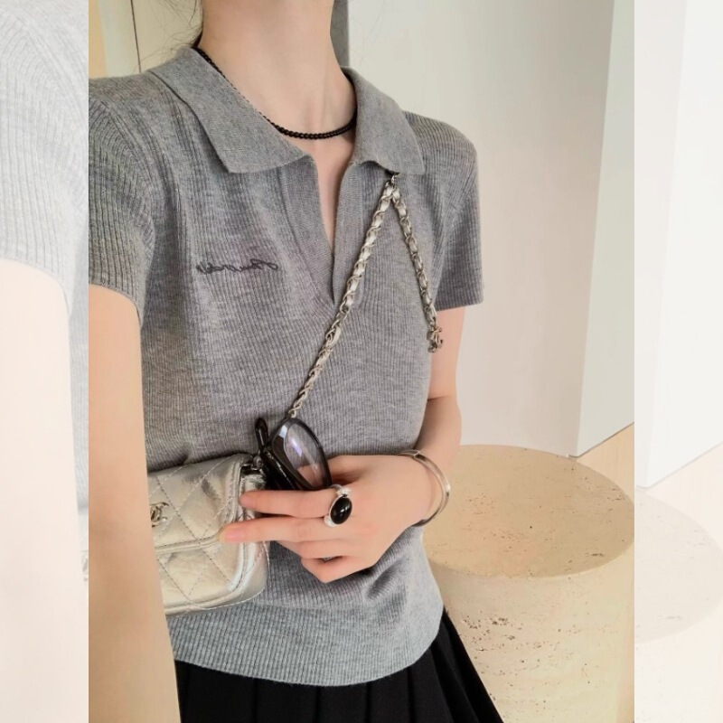 Korean-Style Gray Knitted Ice Silk Polo Shirt Short-Sleeve T-Shirt for Women, Summer Petite Slim Fit Regular Shoulder Turn-Down Collar Thin Top