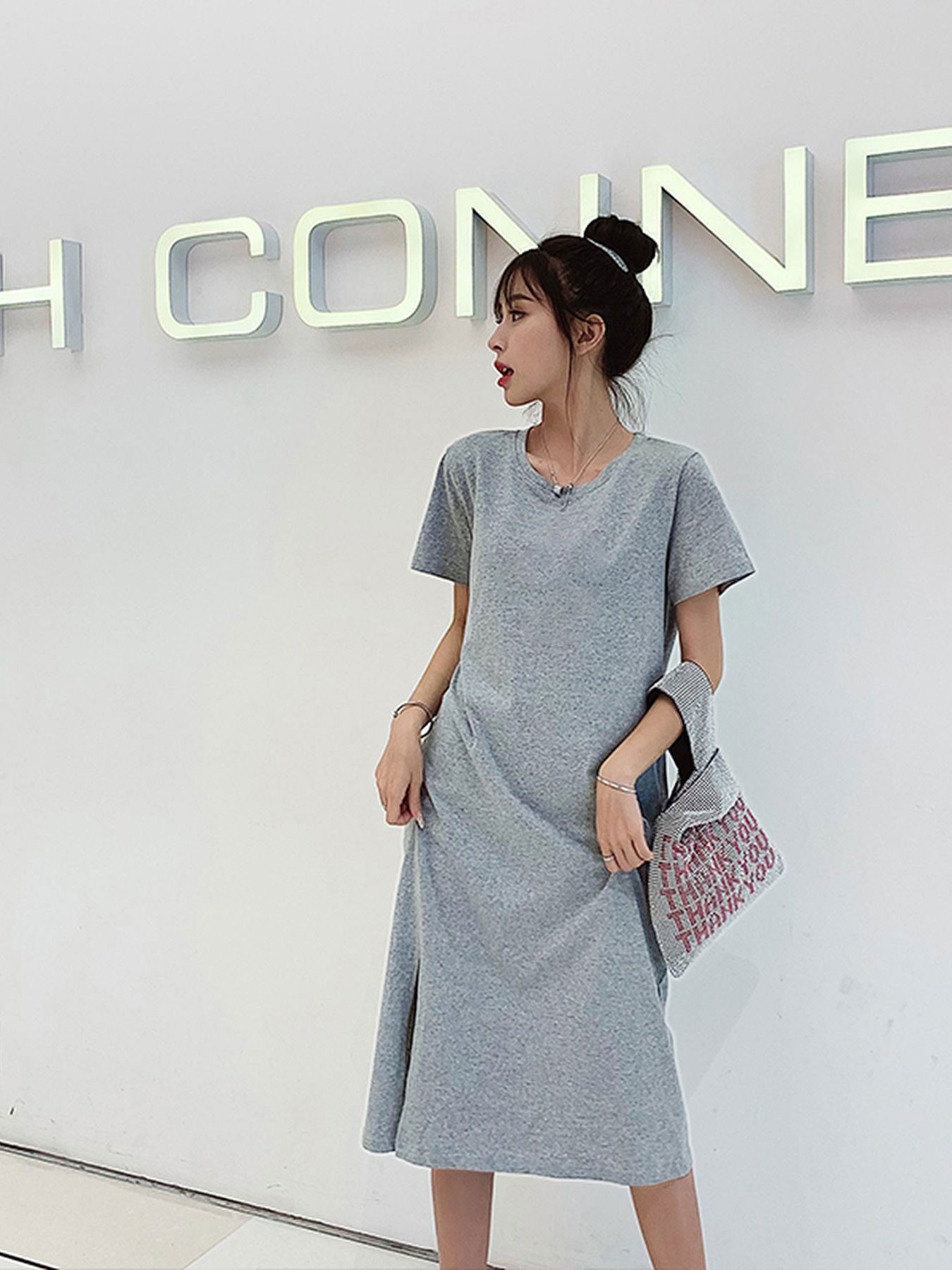 Real Shot of Summer Dress Women's Casual Belly-Covering Large Size Loose Mid-Length Over-The-Knee Bottoming Slit Short-Sleeved T-Skirt