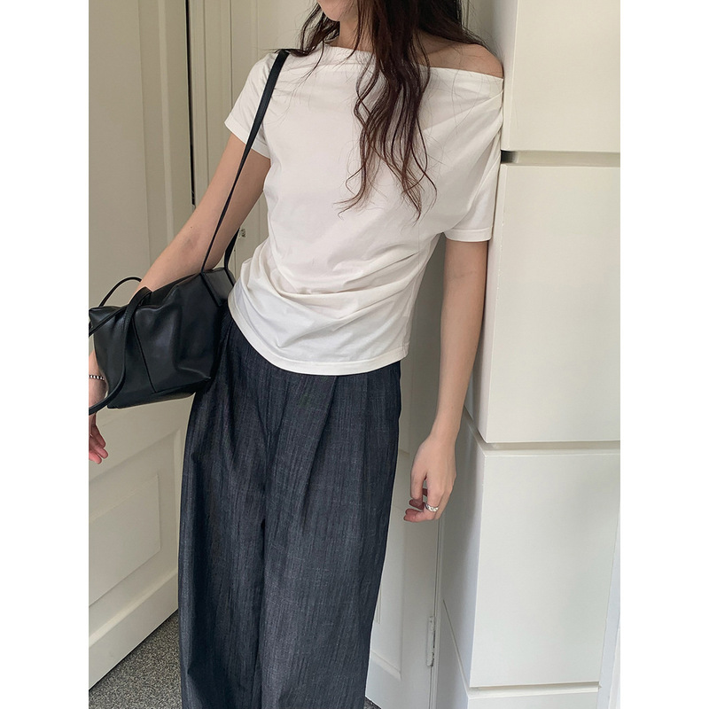 Yienou Inbyin Korean Style Slim-Fit Pleated Design Top for Women, New Summer Model, Slimming White Short-Sleeve T-Shirt for Women