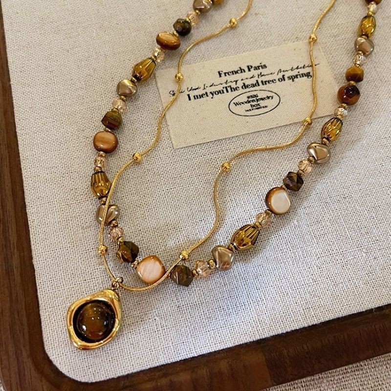 New cross-border vintage coffee-colored beaded necklace for women, layered sweater chain, light luxury niche choker, stylish accessory