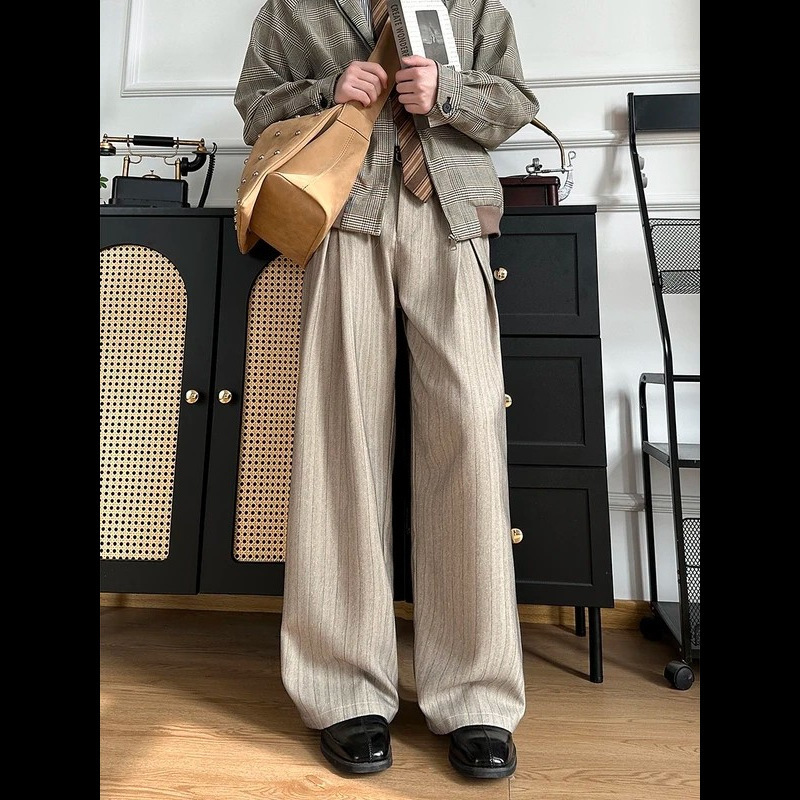 Happy striped pleated straight-leg suit pants for men, summer old money style loose wide-leg casual trousers Happy striped pleated straight-leg suit pants for men, summer old money style loose wide-leg casual trousers