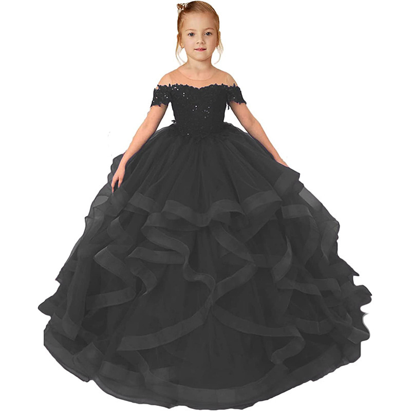 新款跨境儿童婚纱礼服女一字肩蕾丝小拖尾演出服公主蓬蓬裙夏季