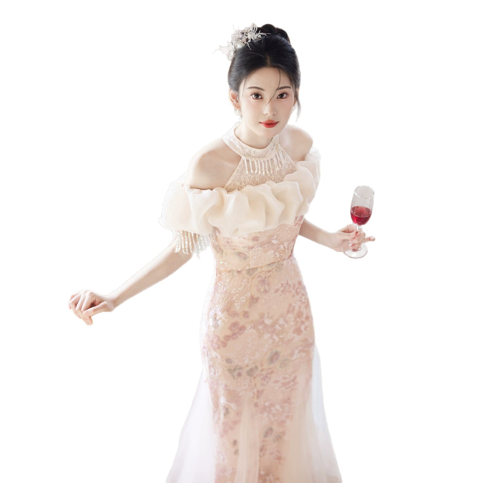 Pink Mermaid Style Bridal Gown Halter Neck off Shoulder Evening Dress Understated Luxury Niche Adult Emcee Morning Robe Toasting Dress_ecoleips.com