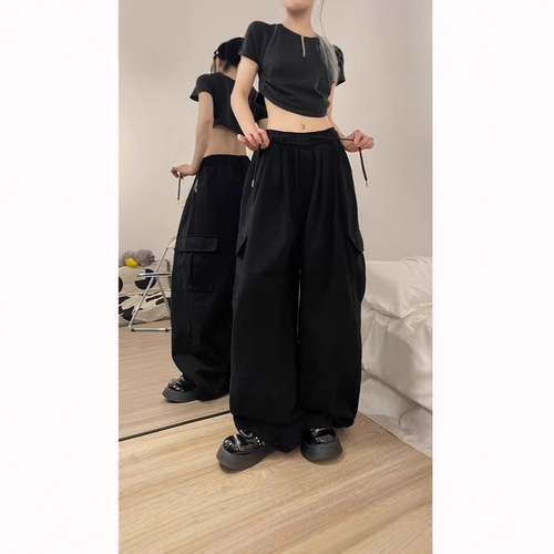 Vintage American-style multi-pocket work pants for girls, spring and autumn trendy streetwear, loose straight-leg wide-leg versatile drawstring pants