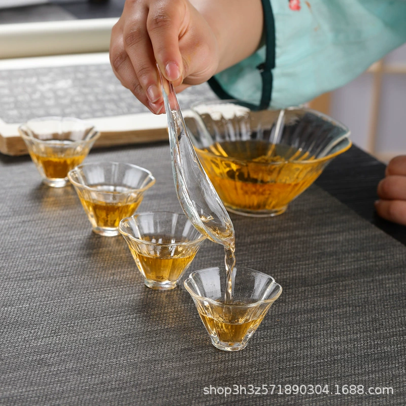 Hammered glass tea ceremony lotus bowl for blooming and brewing, tea spoon set for matcha and gongfu tea ritual