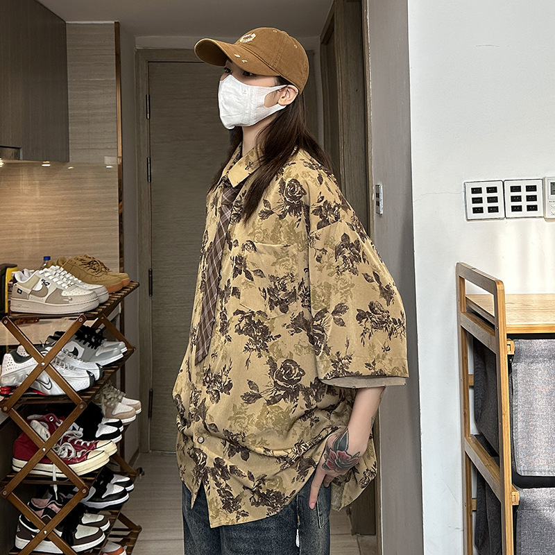 vintage Cuban Collar Shirt Men's Short-sleeved Quick-drying Ice Silk Seven-sleeve Shirt Hawaiian Baroque Jacket