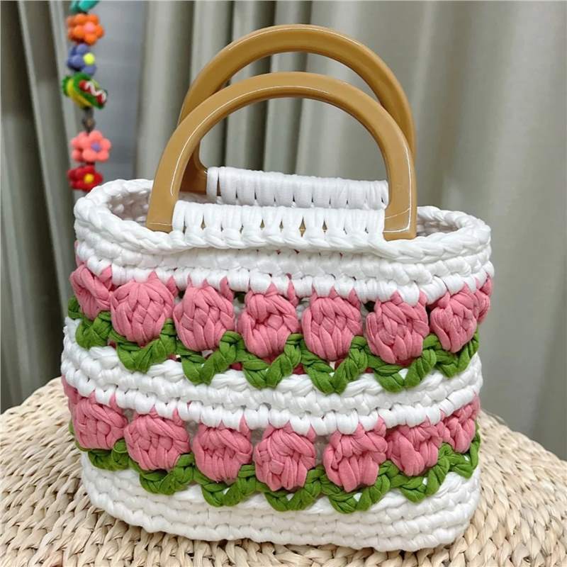 Línea de tela de bricolaje tejida a mano Bolso de tulipán Bolso de material Bolso para novias generosas y dulces