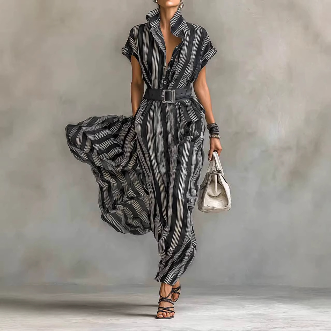 2026 European And American Cross-border Independent Site Elegant Short-sleeved Collar Striped Shirt Dress_ecoleips.com
