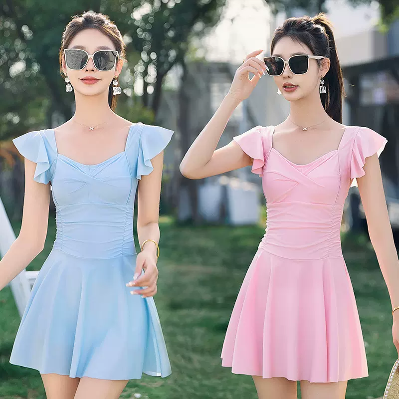 成人女士连体裙式泳衣遮肚显瘦速干游泳衣ins风保守泡温泉泳装