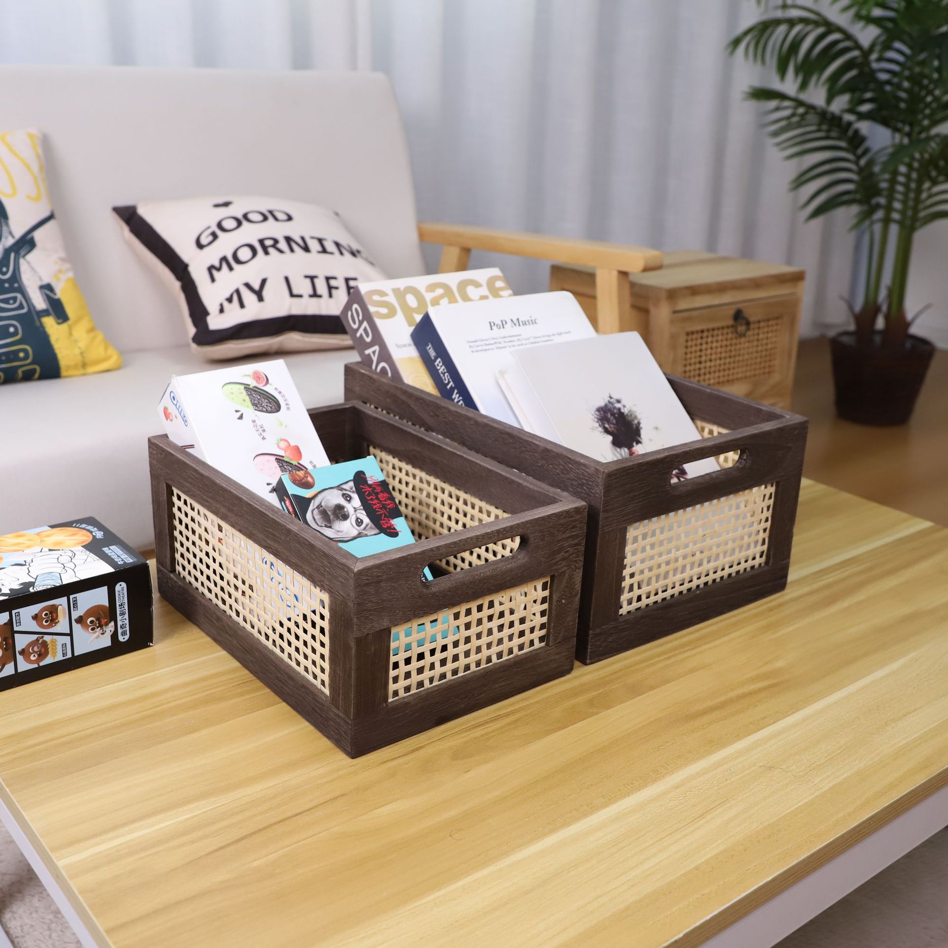 Japanese-style Ins desktop book organizer storage box living room coffee table snack miscellaneous antique wooden bamboo woven storage basket