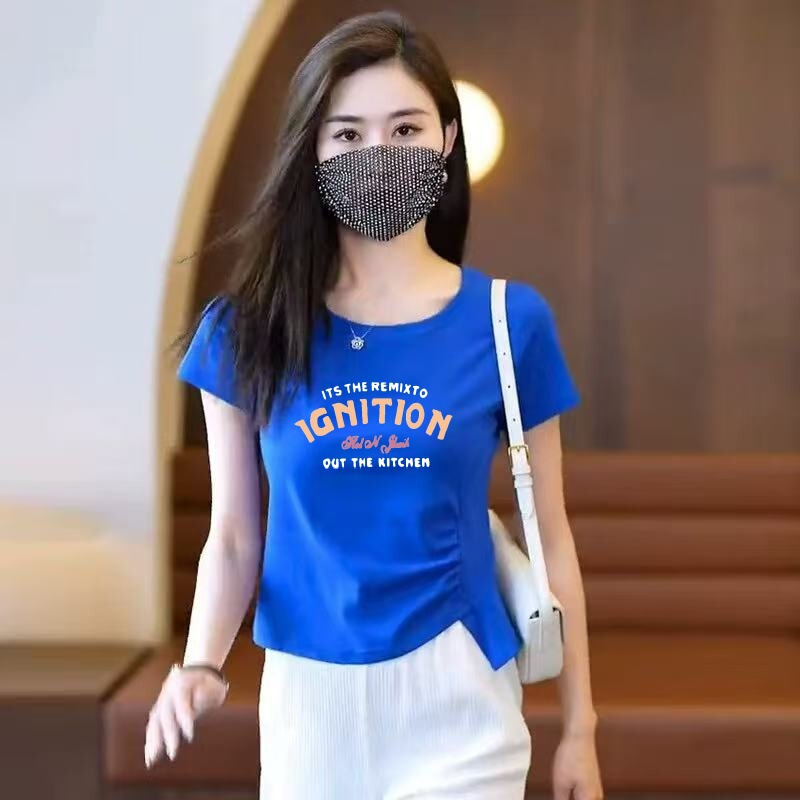 Big Sale Clearance Klein Blue Short-Sleeved T-Shirt Women's Blue Retro Right Shoulder Summer Round Neck Inner Slim Fit Top