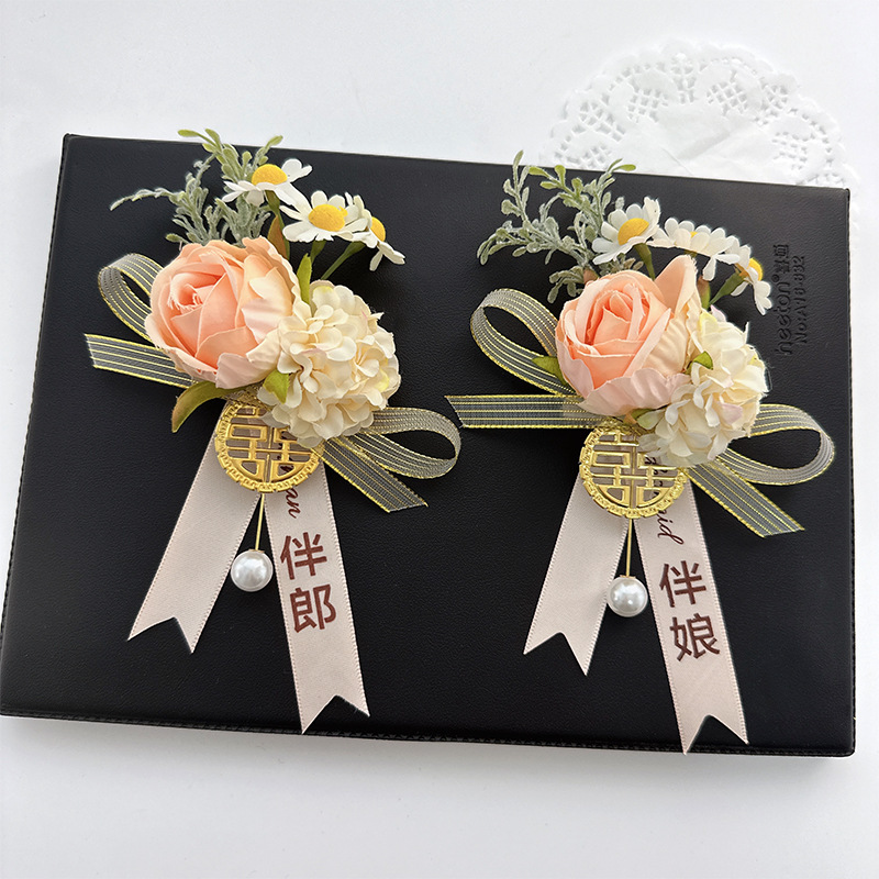 Wedding corsages, brooches, best man and maid of honor corsages, bride and groom high-end wedding boutonnieres, complete set, parents' natural-style hand flowers