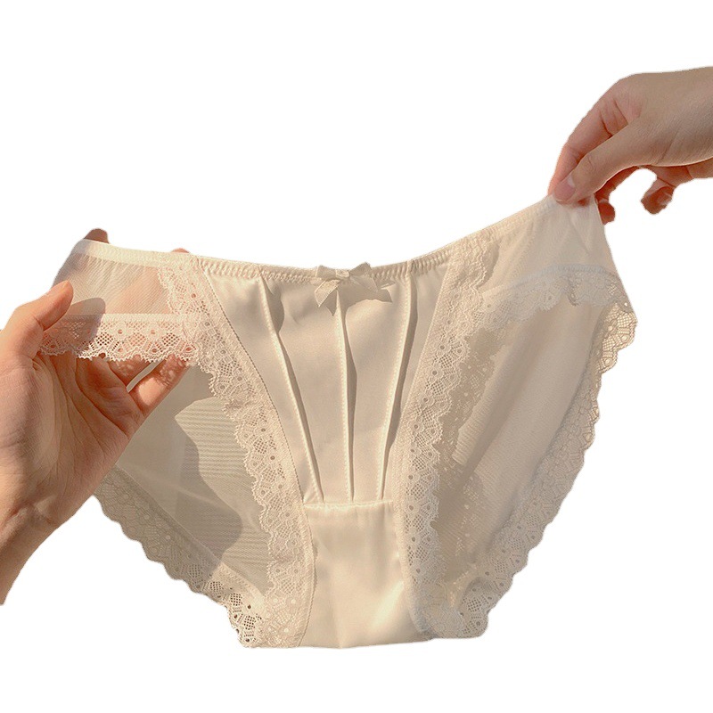 Francés retro satén blanco ropa interior de encaje puro malla sexy briefs cintura baja algodón fino entrepierna