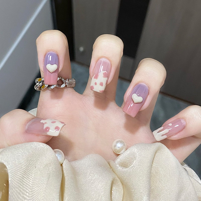 Diamond Love wear nail gradient blooming short ballet cow pattern nail beauty piece finished product wholesale detachable nail piece