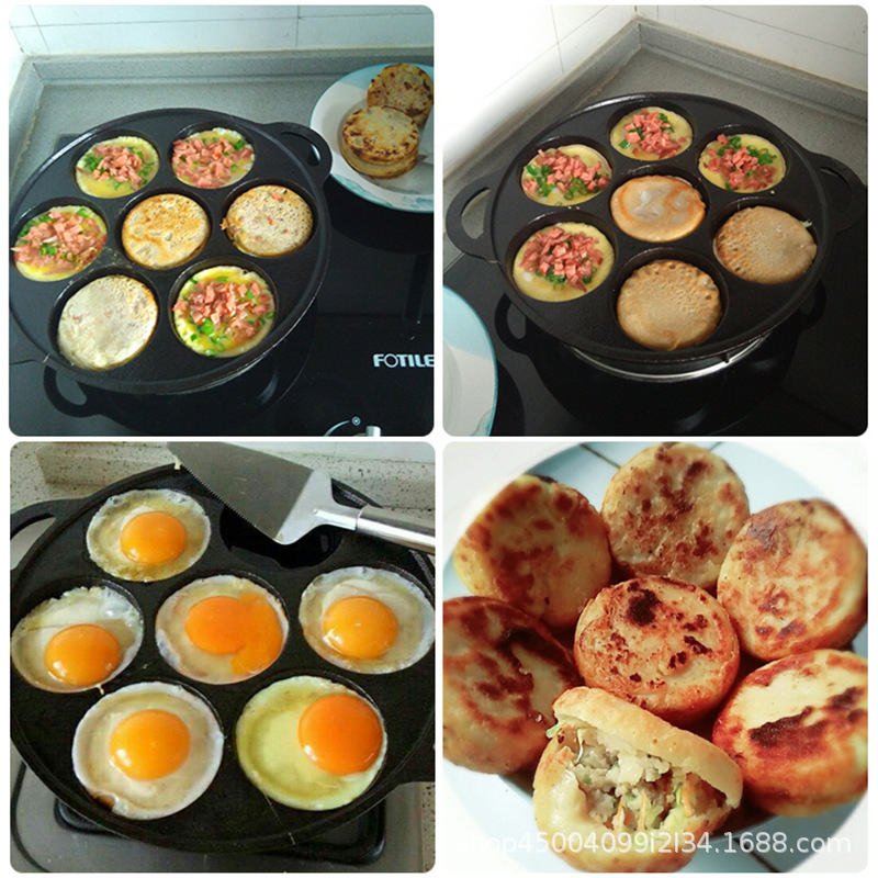 Olla de tortilla de siete orificios Tienda de huevos comercial Huevo escalfado doméstico Huevo Huevo Hamburguesa Olla de bola de masa de huevo pequeña artefacto de desayuno especial