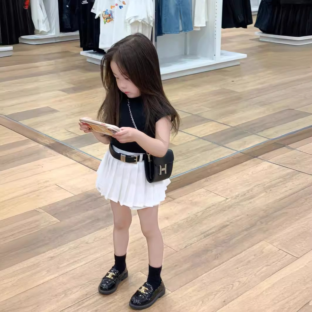 韩国童装2024夏款儿童韩版洋气套装女童气质荷叶边上衣百褶短裙