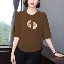 爆款妈妈装洋气七分袖印花T恤女宽松显瘦遮肚百搭减龄中老年上衣