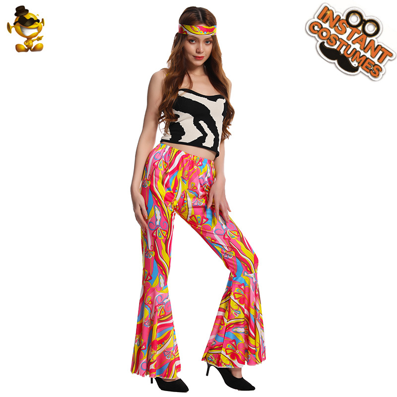 Carnaval transfronterizo adulto grande femenino retro hippie acampanado pantalones de las mujeres hippie traje ropa de fiesta
