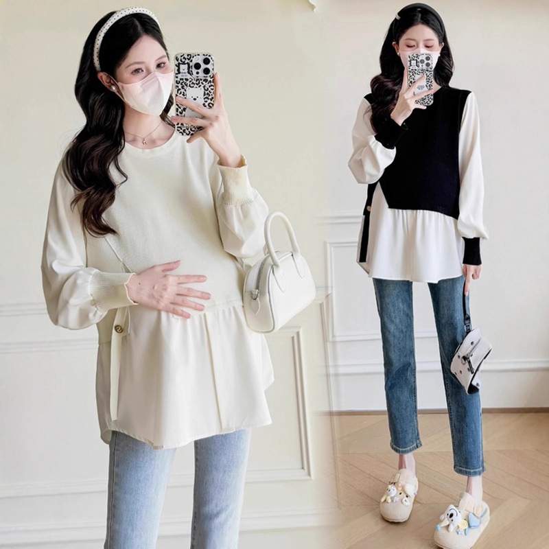 Korean Style Maternity Wear Spring and Autum Fashion Fake Two-Piece Color Matching Long-Sleeved Tops Maternity Baby Doll Autum Shirts Autum