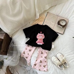 女童夏季套裝2024新款兒童卡通圓領百搭短袖褲子休閒兩件套潮