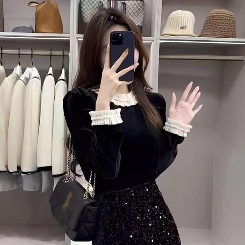 Spring fashion small chanel suit Korean drama black spliced long-sleeved shirt top high waist sequin half skirt two-piece set 