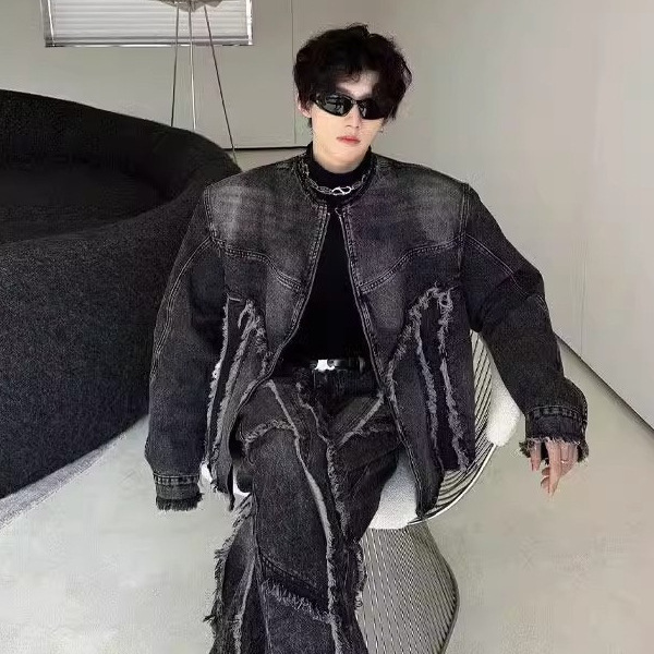 Washed Tie-Dye Raw Edge Black Jeans Suit Men's Wasteland Style Outfit Complete Set of Hairstylist Short Shoulder Pad Jacket