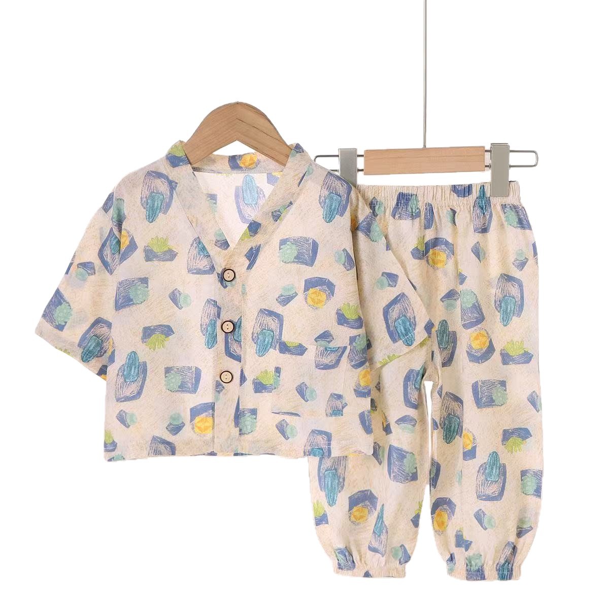 儿童绵绸睡衣套装夏季人造棉空调服男女童棉绸家居服两件套童装