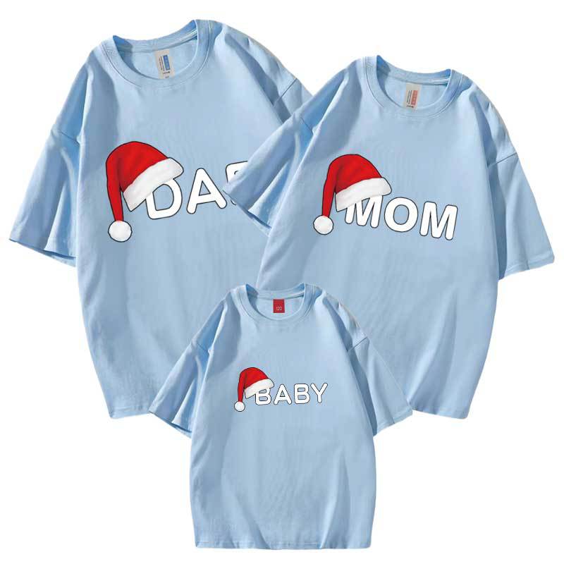 Verano inglés sombrero de Navidad refinado algodón padre-hijo ropa de clase ropa impresa ropa para niños manga corta cuello redondo Camiseta entrega al por mayor